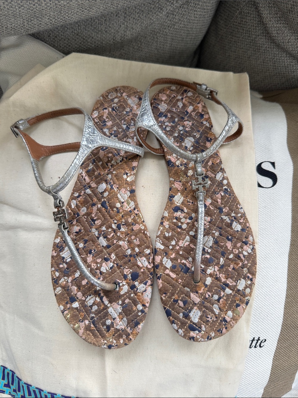 Tory Burch Metallic Silver T-Strap Sandals with Patterned Cork Footbed